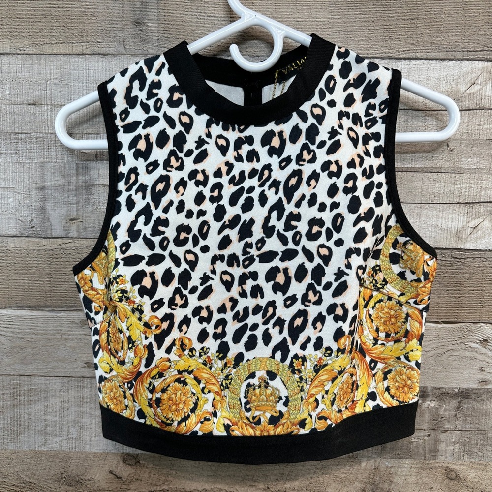Valiant Paris Womens Leopard Baroque Gold Crown Crop Top‎ WCKT1314 White Multi L